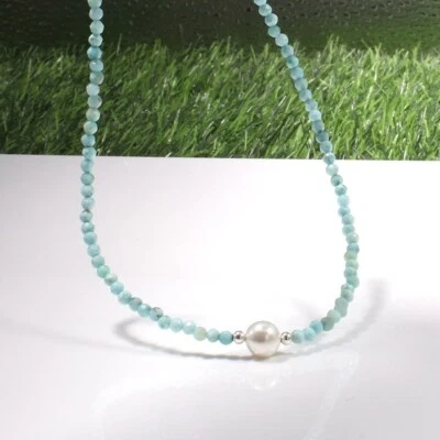 A+++ Collares de mujer hechos a mano con cuentas redondas facetadas azules amazonita y peral de 18"" Foto 1 de 4