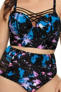 Blue Stylish Print Strappy Push Up Balconette Plus Size Bikini Set size0X (12) - Picture 1 of 2