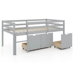 Twin Size Heavy Duty Low Loft Bed Frame Kids w/ Ladder & Full-length Guardrails - Picture 1 of 10