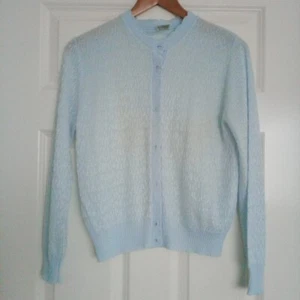 Vintage Light Blue Cardigan Long Sleeve Clear Buttons Fine Knit Pattern Size S - Picture 1 of 24