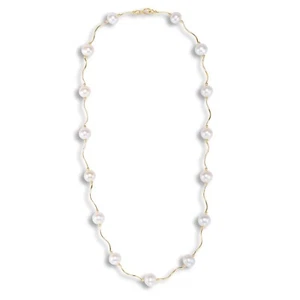 14K Real Solid Gold Natural Freshwater Pearl Station Beaded Necklace 16" 18" 20" - Picture 1 of 6