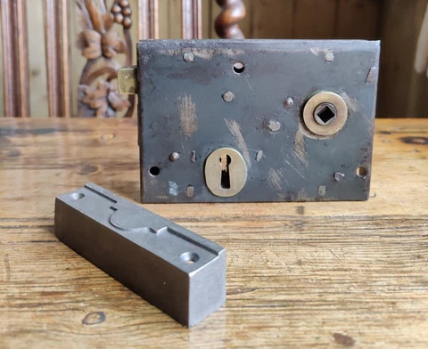 Restored Antique Victorian Rim Lock and Cast Iron Keep. L/H fit Cover