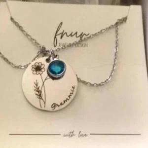 FNUR JEWELRY Aquamarine Birthstone 'Grammie' Engraved Stainless Necklace**NEW! - Picture 1 of 1