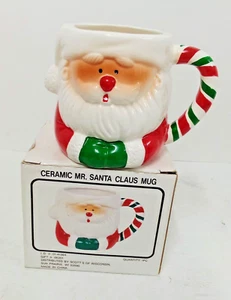 Vintage Porcelain Mr. Santa Clause Coffee Tea Mug Cup Candy Cane Striped Handle - Picture 1 of 15