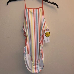 Treasure & Bond White Multi Pinstripe Cut‑Out Halter Swimsuit 14 NWT - Picture 1 of 6