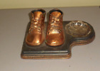 VINTAGE ANTIQUE BRONZE  BABY SHOES and ASHTRAY HOLDER WITH GLASS INSERT