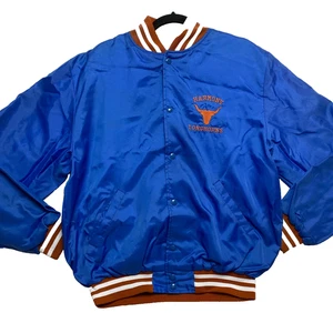 VINTAGE Harmony Longhorns Jacket Mens L Blue Satin Embroidered Made In USA - Picture 1 of 13