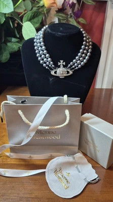 NOVO Colar Gargantilha Vivienne Westwood Cinza Baixo Alívio Pérola Caixa de Presente e Bolsa de Presente - Imagem 1 de 2
