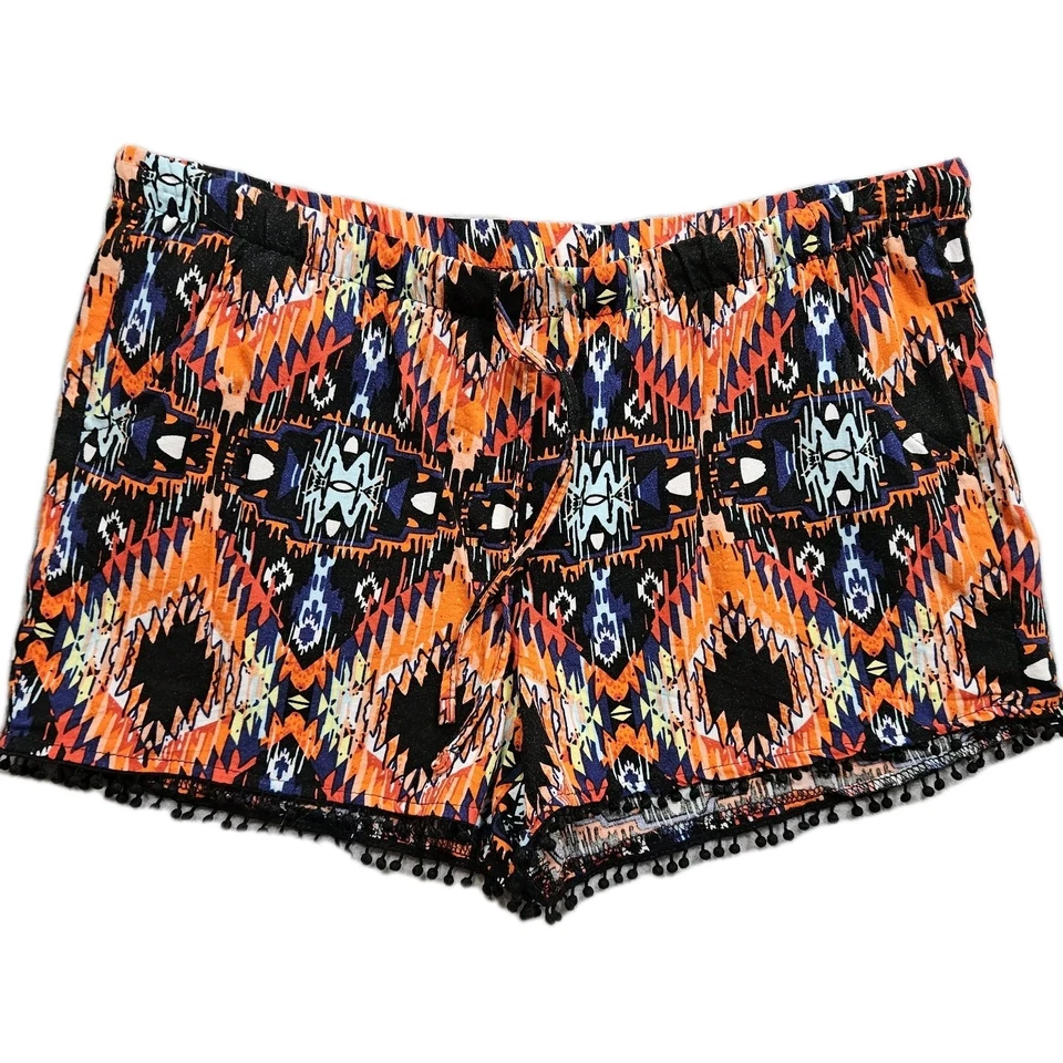 No Boundaries Soft Elastic Waist Shorts Womens Medium Tribal Print Fringe Hem - Image 1 of 4