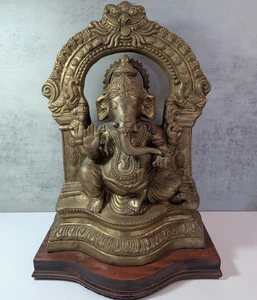 Vintage Hindu Gott Lord Ganesha Messing Statue Figur Hinduismus Elefant Holzsockel - Bild 1 von 11