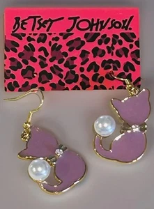 Betsey Johnson Purple Rhinestone Pearl Kitty Cat Dangle Earrings NWT - Picture 1 of 7