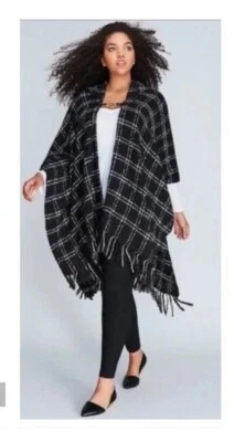 NEW Lane Bryant Woman's Shawl Wrap Ruana Fringe Black w/ Silver Metallic OS NWT - Image 1 of 4