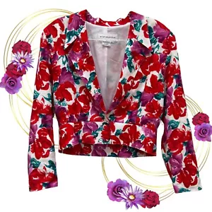 100% Linen Cropped Floral Blazer 80s 90s Preppy Bloomcore Princess Diana Chic - Picture 1 of 10
