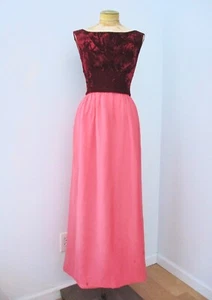 Vtg 50s 60s Burgundy Velvet Pink Chiffon Maxi Dress Prom Formal Evening Gown XS - Picture 1 of 8