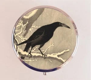 Crow Japanese Woodblock Pill Box Case Pillbox Holder Trinket Blackbird Asian Art - Picture 1 of 3