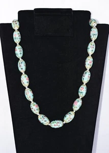 VINTAGE CHINESE FAMILLE ROSE VERTE PORCELAIN ENAMEL LOTUS FLOWER NECKLACE 25" - Picture 1 of 17