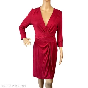 Trina Turk Dark Red V Neck Wrap Pleated 3/4 Sleeve Ruched Sheath Dress Size 4 - Picture 1 of 5