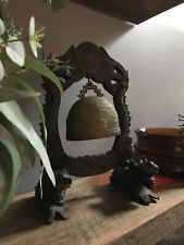 Vintage Asian Black Wood Carved Dragon Stand Brass Metal Gong/Bell - 12.5” Tall