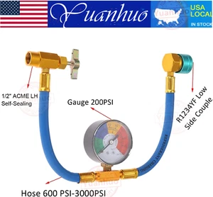 1Pack R1234yf 1/2" ACME LH Tubo di Ricarica Refrigerante Autosigillante con Manometro - Foto 1 di 13