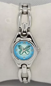 Damenuhr rund zierlich Schmetterling blaues Zifferblatt silberfarbenes Gehäuse Gliederarmband 04 - Bild 1 von 9