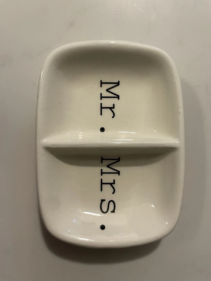 Mr. & Mrs  Ceramic Two Section Ring Dish White Marriage Wedding - Image 1 of 1