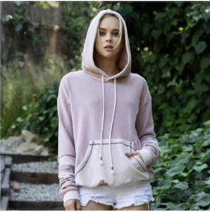 POL/ Varsity Stripe Oversized Long Sleeve Corduroy Hoodie/ Size Small, Pink - Picture 1 of 8