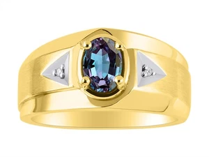 Rylos 925 Gold Plated SilverRing Simulated Alexandrite & Diamond 7X5MM - Picture 1 of 3