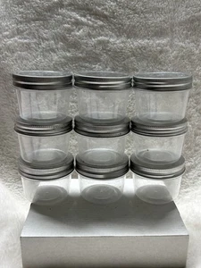 Clear 2” plastic jars with screw-on metal lids SET OF 9 USED FOR WEDDING - Picture 1 of 4