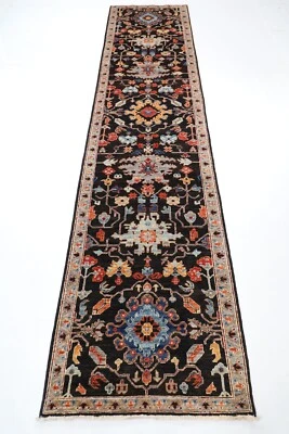 12 ft Hallway Tribal Black Runner Rug Afghan Hand Knotted Wool Bedroom Rug - Image 1 of 4