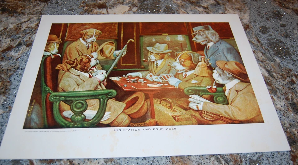 Vintage Dog Poker Art Print -" His Station and 4 Aces" by C.M. Coolidge NOS - Image 1 of 1