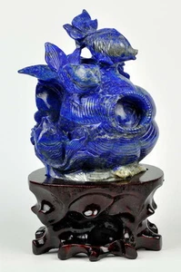 Natural Lapis Lazuli Playing Goldfish Statue Gemstone Carving Sculpture  - Picture 1 of 6