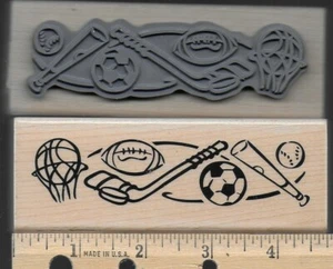 STAMPENDOUS rubber stamp SPORTS BORDER wood mounted Balls Bat Hockey  - Picture 1 of 1