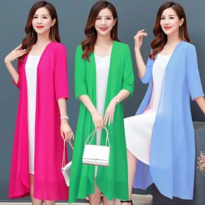 Damen Chiffon Strickjacke Durchsichtig Lange Jacke Mantel Open Freizeit Halb Arm - Bild 1 von 4