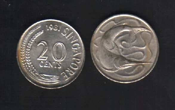SINGAPUR 20 CENTAVOS KM4 1967-1985 ESPADA PEZ ANIMAL SALVAJE DINERO LOTE DE X 100 MONEDAS Foto 1 de 1