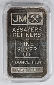Vintage Johnson Matthey JM Assayers & Refiners 1oz .999 Silver Bar - Picture 1 of 3