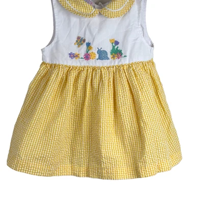 VTG 90s Samara Dress 24M Embroidered Snail Yellow Gingham Cottage Collared Twee - Image 1 of 4