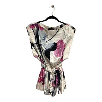 Blusa Robert Rodriguez 100% Seda Blanco Rosa Estampado Floral Corbata Manga Corta 10 Foto 1 de 4