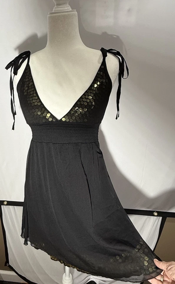 Белый шоколад женщин черное золото блестки платье Sz M галстук наплечные ремни - Изображение 1 из 4