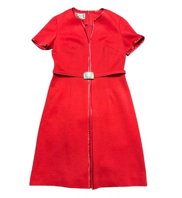 Vintage Dress | 1960s Mary Harnes Red Wool Dress with Belt Size 14 | Retro Mod - Image 1 of 4