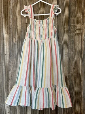 Hanna Andersson Girls Rainbow Striped Dress Smocked Ruffled Sz 6-7 Cotton Gauze - Image 1 of 4