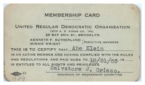 1953 United Regular Democratic Org. Membership Card for Abe Klein of Brooklyn C4 - Picture 1 of 2