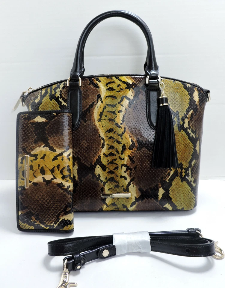 Brahmin Duxbury Chocolate Erling Python Embossed Leather Satchel Ady Wallet NWTS