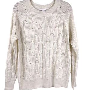 Elodie Ivory Pointelle Knit Crewneck Pullover Long Sleeve Sweater Size Large - Picture 1 of 8