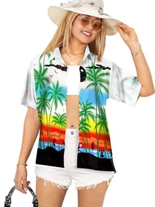 HAPPY BAY Button Down Shirt for Women Summer Beach L Palm Tree View, White - Picture 1 of 3