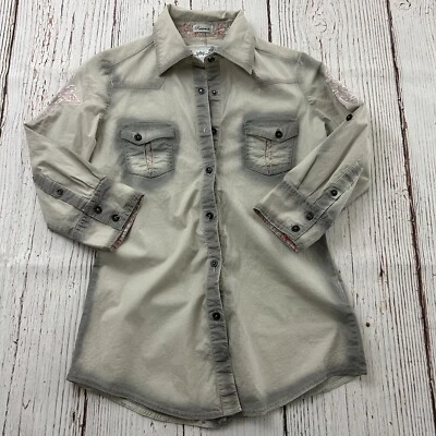 Roar Passion女式S米色粉色刺绣按扣前襟 — 第 1/4 张图片