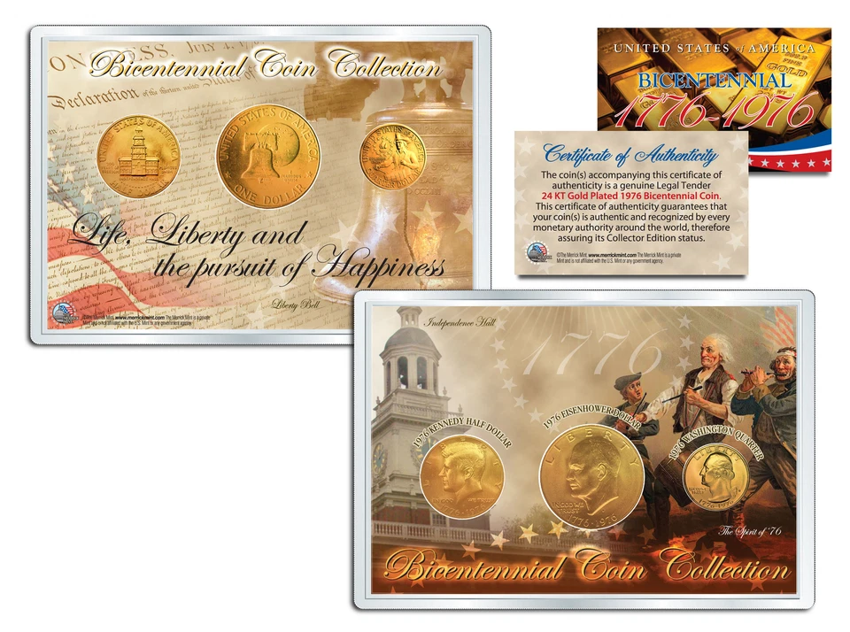1976 BICENTENNIAL COIN COLLECTION 24K Gold Plated US 3-Coin Set QUARTER IKE JFK - Image 1 of 1