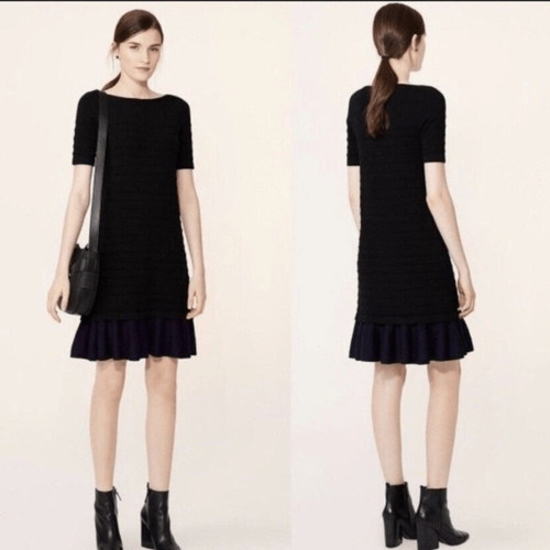 Tory Burch 715 Giselle abito maglione lana merino testurizzato nero orlo arricciato XS