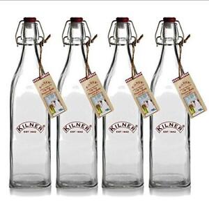 4 x Kilner Bottles - Square Vintage 1 Litre Preserve Glass Bottles with Clip Top