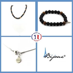 Stones And Minéraux. Jewelry Bracelet Necklace Beads Black Onyx Matt + Wood - Picture 1 of 4