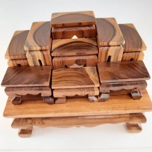 Altar Teak Wood Thai Buddha Worship Set 9 Miniature Table Hand Made Pattern Rare - Picture 1 of 12